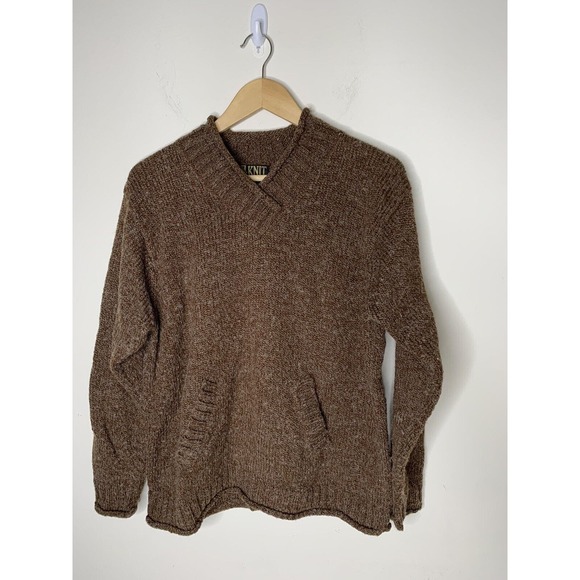 Vintage Sweater Womens Large VNeck Wool Blend Kangaroo Pocket Brown In Knit - Picture 1 of 6